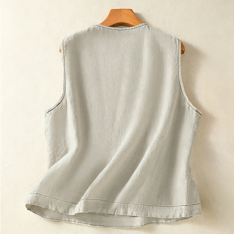 Buddha Stones Camicia senza maniche da donna estiva, casual, minimalista, con bottoni e tasca applicata. - image 1