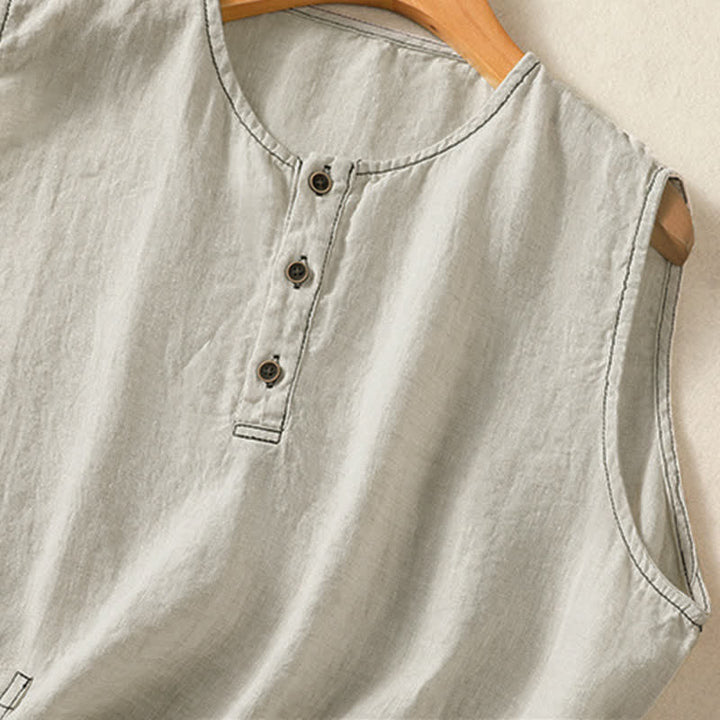 Buddha Stones Camicia senza maniche da donna estiva, casual, minimalista, con bottoni e tasca applicata. - image 3