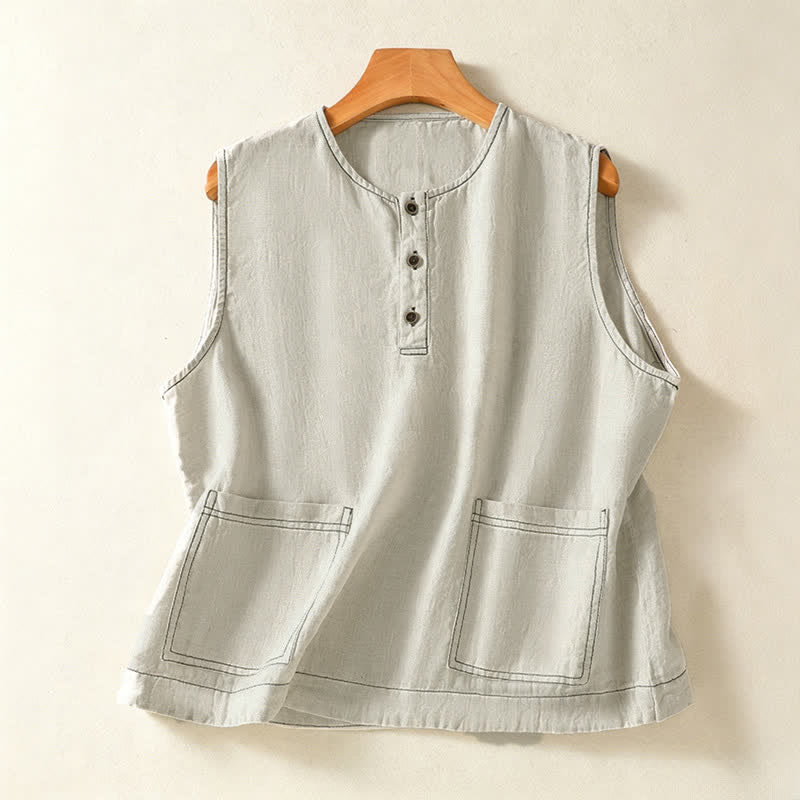 Buddha Stones Camicia senza maniche da donna estiva, casual, minimalista, con bottoni e tasca applicata. - Beige - US12, UK/AU16, EU44 (2XL) - image 0