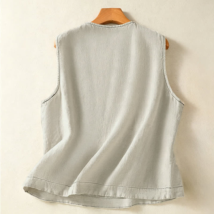 Buddha Stones Camicia senza maniche da donna estiva, casual, minimalista, con bottoni e tasca applicata. - image 1