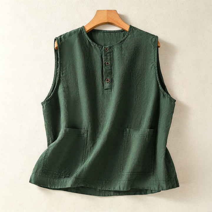 Buddha Stones Camicia senza maniche da donna estiva, casual, minimalista, con bottoni e tasca applicata. - Verde studentesco - US12, UK/AU16, EU44 (2XL) - image 13
