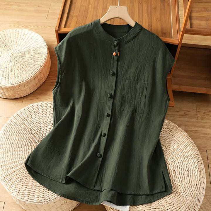Buddha Stones Canotta da donna estiva stile Tang, casual, con colletto alla coreana, bottoni e tasca applicata, senza maniche. - Verde oliva scuro - US12, UK/AU16, EU44 (2XL) - image 9