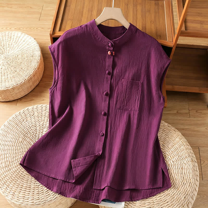 Buddha Stones Canotta da donna estiva stile Tang, casual, con colletto alla coreana, bottoni e tasca applicata, senza maniche. - Viola - US12, UK/AU16, EU44 (2XL) - image 16