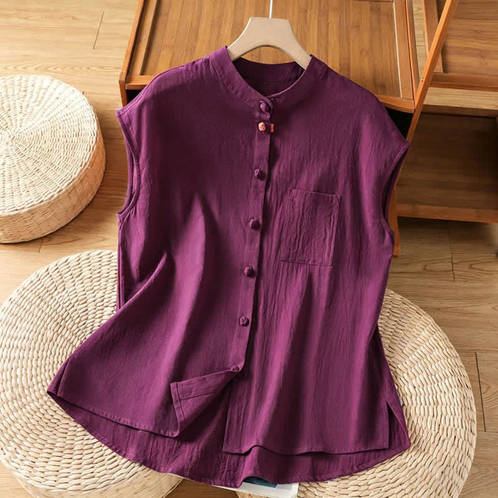 Buddha Stones Canotta da donna estiva stile Tang, casual, con colletto alla coreana, bottoni e tasca applicata, senza maniche. - Viola - US12, UK/AU16, EU44 (2XL) - image 16