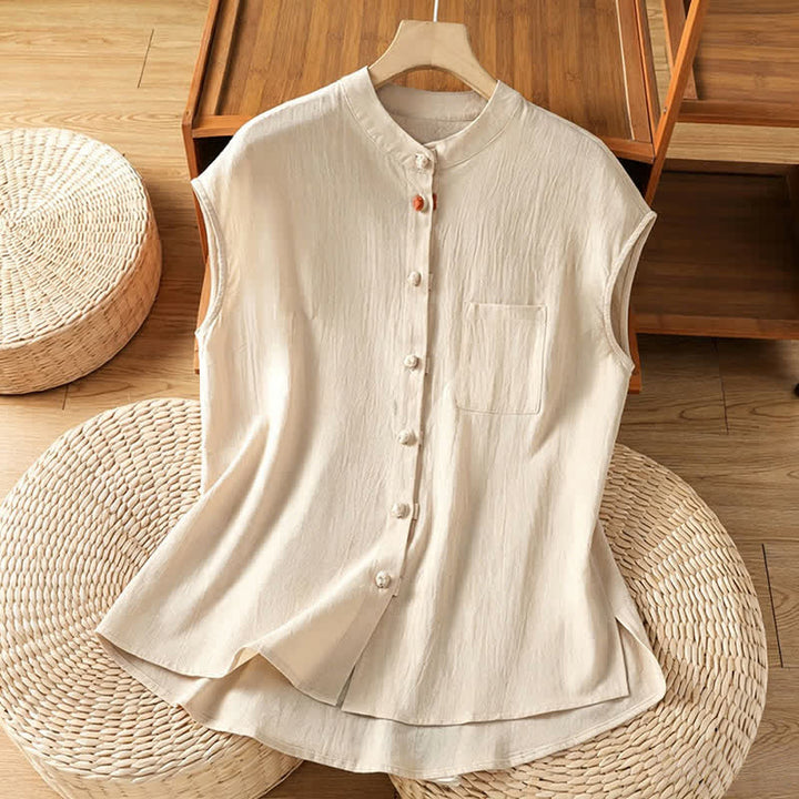 Buddha Stones Canotta da donna estiva stile Tang, casual, con colletto alla coreana, bottoni e tasca applicata, senza maniche. - Beige - US12, UK/AU16, EU44 (2XL) - image 0