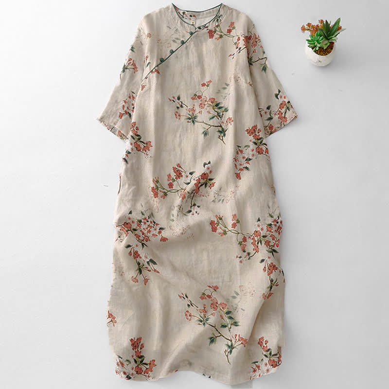 Buddha Stones Abito da donna estivo stile Tang con colletto alla coreana e piccoli fiori rossi, maniche corte - Beige - US8-10, UK/AU12-14, EU40-42 (2XL) - image 0