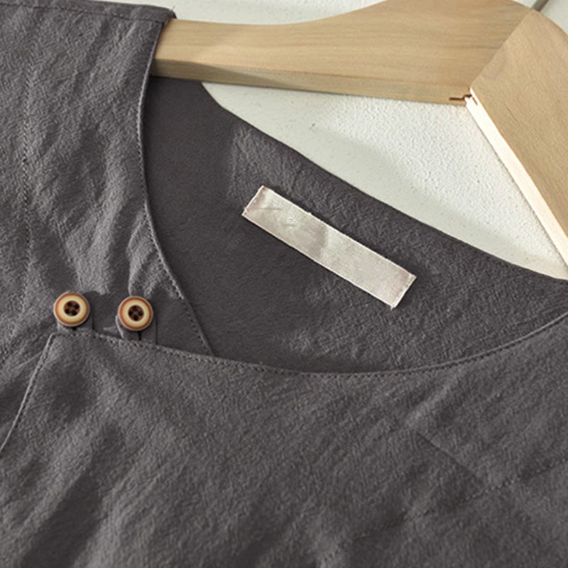 Buddha Stones Camicia da uomo estiva casual asimmetrica a maniche corte con scollo a V e bottoni. - image 1