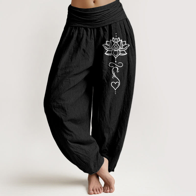 Buddha Stones Pantaloni harem da donna in puro cotone con motivo a loto e cuore, elastico in vita. - Nero - US16, UK/AU20, EU48 (3XL) - image 0
