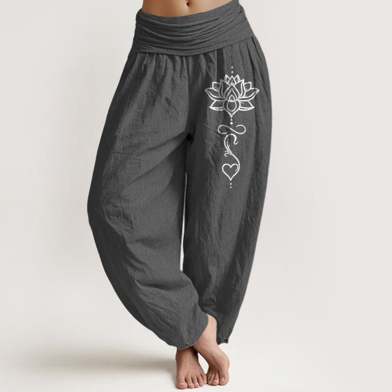 Buddha Stones Pantaloni harem da donna in puro cotone con motivo a loto e cuore, elastico in vita. - Grigio tenue - US16, UK/AU20, EU48 (3XL) - image 8
