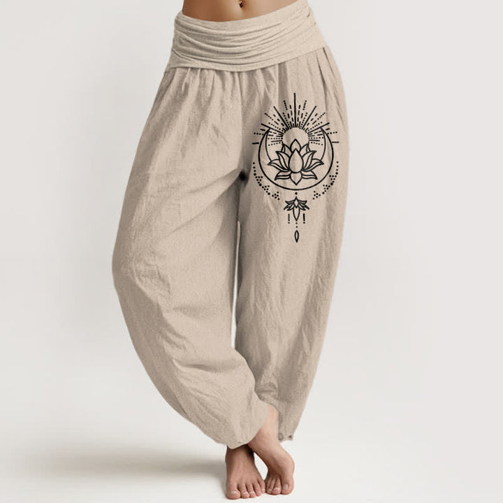 Buddha Stones Pantaloni harem da donna in puro cotone con motivo a loto e vita elasticizzata - Tan - US16, UK/AU20, EU48 (3XL) - image 0