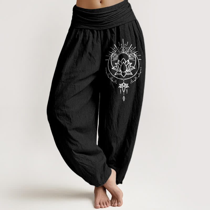 Buddha Stones Pantaloni harem da donna in puro cotone con motivo a loto e vita elasticizzata - Nero - US16, UK/AU20, EU48 (3XL) - image 5
