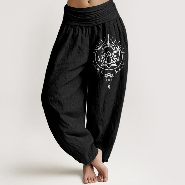Buddha Stones Pantaloni harem da donna in puro cotone con motivo a loto e vita elasticizzata - Nero - US16, UK/AU20, EU48 (3XL) - image 5