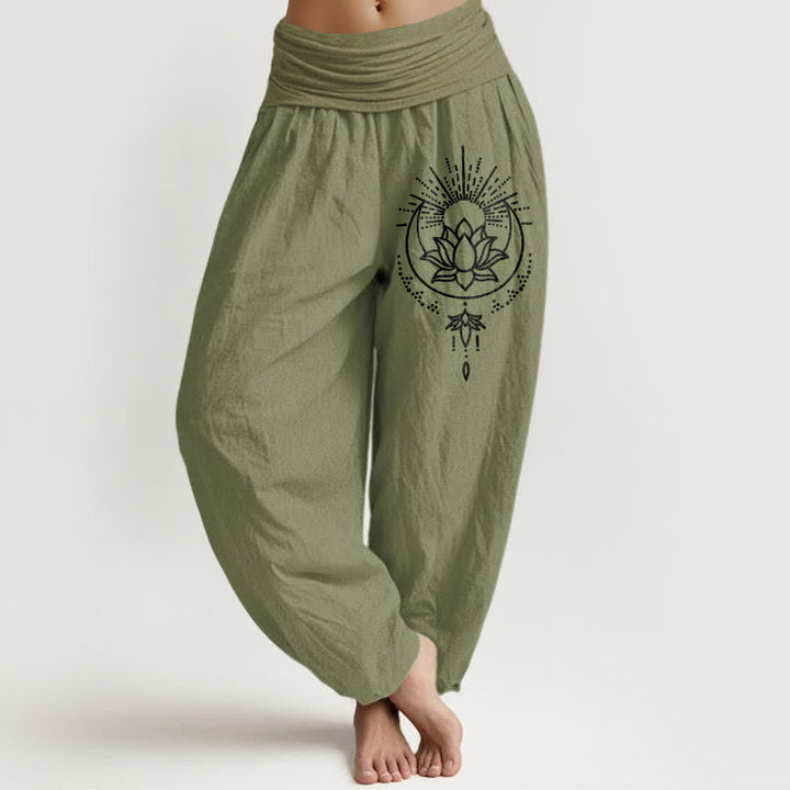 Buddha Stones Pantaloni harem da donna in puro cotone con motivo a loto e vita elasticizzata - Verde oliva - US16, UK/AU20, EU48 (3XL) - image 14