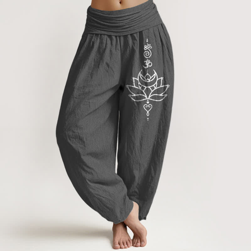 Buddha Stones Pantaloni harem da donna in puro cotone con motivo a fiori di loto e vita elasticizzata. - Grigio tenue - US16, UK/AU20, EU48 (3XL) - image 8