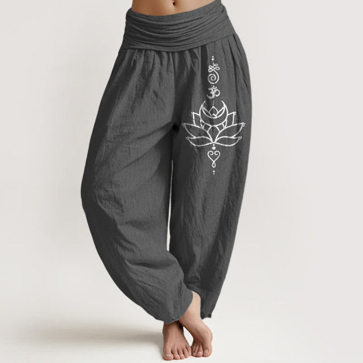 Buddha Stones Pantaloni harem da donna in puro cotone con motivo a fiori di loto e vita elasticizzata. - Grigio tenue - US16, UK/AU20, EU48 (3XL) - image 8