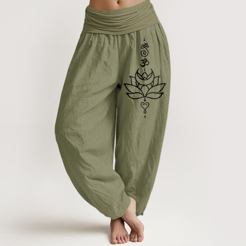 Buddha Stones Pantaloni harem da donna in puro cotone con motivo a fiori di loto e vita elasticizzata. - Verde oliva - US16, UK/AU20, EU48 (3XL) - image 14