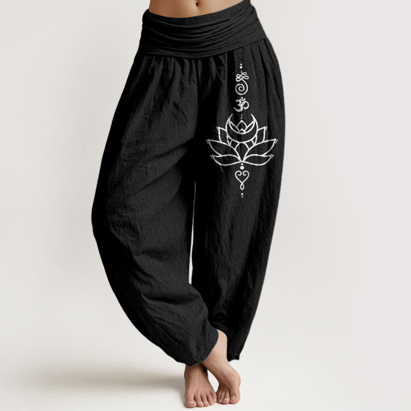 Buddha Stones Pantaloni harem da donna in puro cotone con motivo a fiori di loto e vita elasticizzata. - Nero - US16, UK/AU20, EU48 (3XL) - image 5