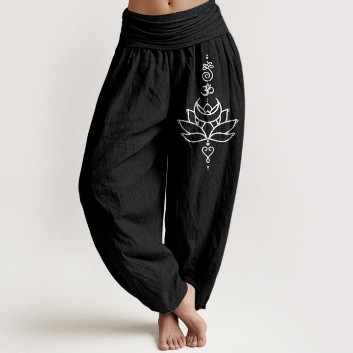 Buddha Stones Pantaloni harem da donna in puro cotone con motivo a fiori di loto e vita elasticizzata. - Nero - US16, UK/AU20, EU48 (3XL) - image 5