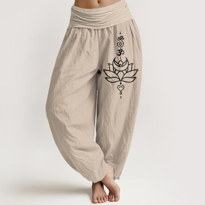 Buddha Stones Pantaloni harem da donna in puro cotone con motivo a fiori di loto e vita elasticizzata. - Tan - US16, UK/AU20, EU48 (3XL) - image 11