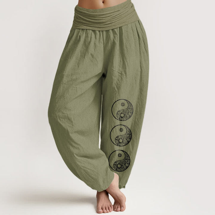 Buddha Stones Pantaloni harem da donna in puro cotone con motivo Yin Yang e elastico in vita. - Verde oliva - US16, UK/AU20, EU48 (3XL) - image 14