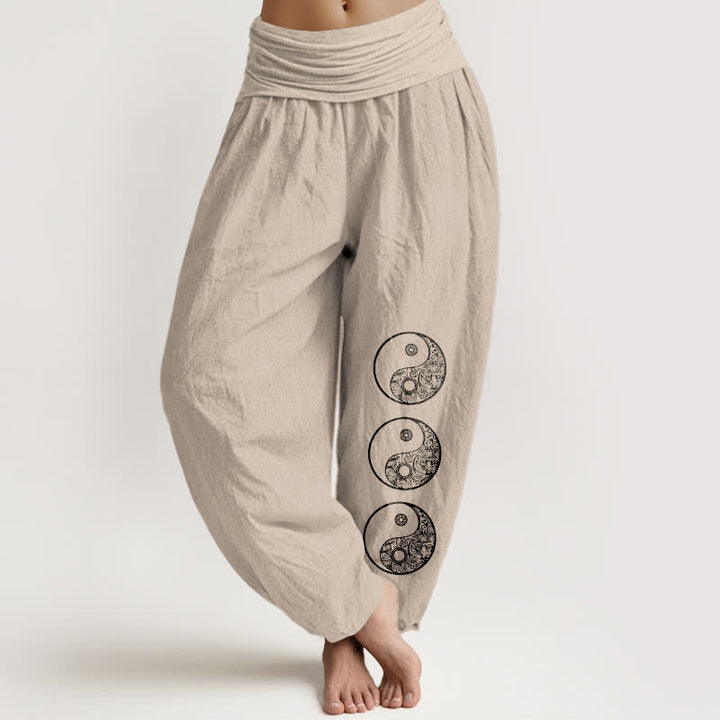 Buddha Stones Pantaloni harem da donna in puro cotone con motivo Yin Yang e elastico in vita. - Tan - US16, UK/AU20, EU48 (3XL) - image 11