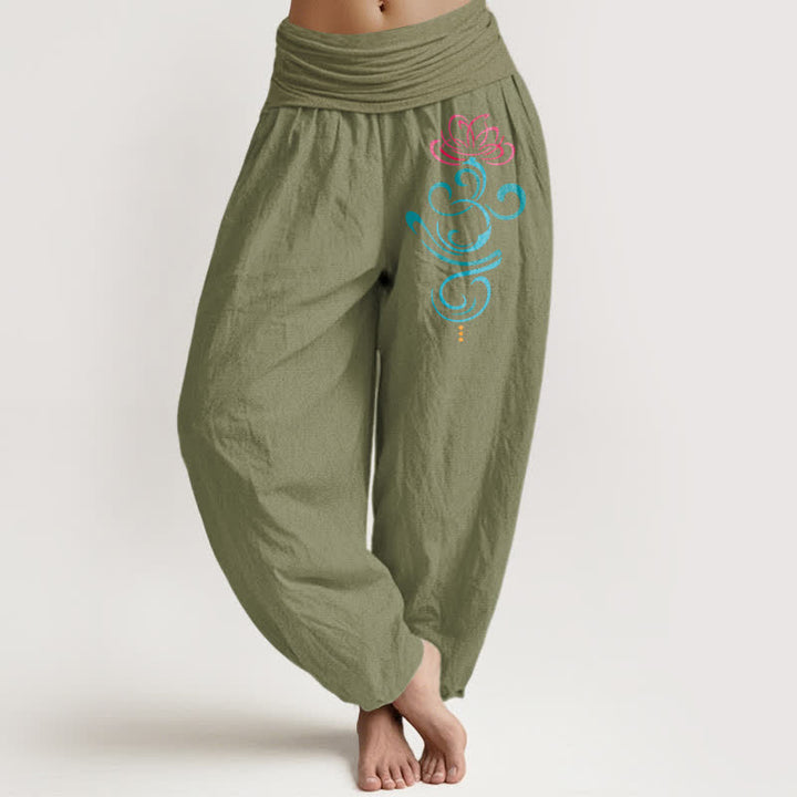 Buddha Stones Pantaloni harem da donna in puro cotone, rosa intenso con motivo a spirale blu loto e vita elasticizzata. - Verde oliva - US16, UK/AU20, EU48 (3XL) - image 14