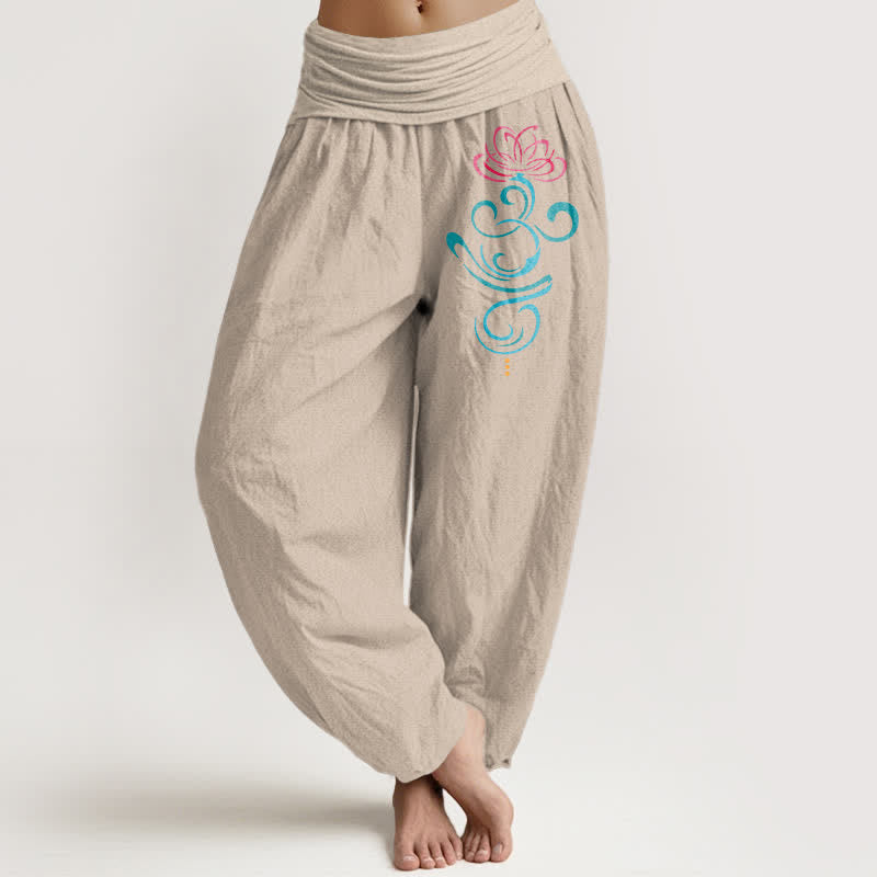 Buddha Stones Pantaloni harem da donna in puro cotone, rosa intenso con motivo a spirale blu loto e vita elasticizzata. - Tan - US16, UK/AU20, EU48 (3XL) - image 11