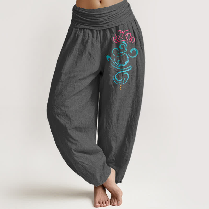 Buddha Stones Pantaloni harem da donna in puro cotone, rosa intenso con motivo a spirale blu loto e vita elasticizzata. - Grigio tenue - US16, UK/AU20, EU48 (3XL) - image 8