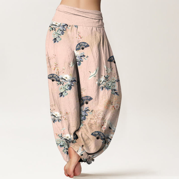 Buddha Stones Pantaloni harem da donna in cotone con fantasia floreale a ventaglio e elastico in vita. - image 1