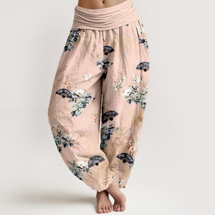 Buddha Stones Pantaloni harem da donna in cotone con fantasia floreale a ventaglio e elastico in vita. - Rosa Nebbiosa - US16, UK/AU20, EU48 (3XL) - image 0