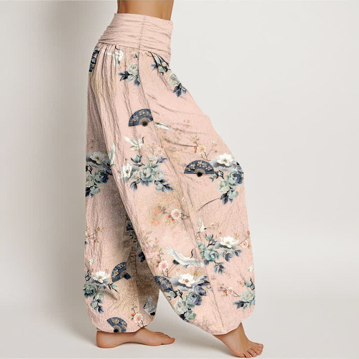 Buddha Stones Pantaloni harem da donna in cotone con fantasia floreale a ventaglio e elastico in vita. - image 2