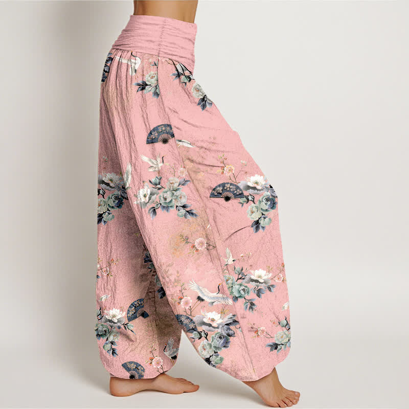 Buddha Stones Pantaloni harem da donna in cotone con fantasia floreale a ventaglio e elastico in vita. - image 7