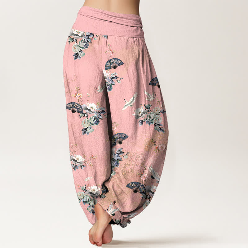 Buddha Stones Pantaloni harem da donna in cotone con fantasia floreale a ventaglio e elastico in vita. - image 6