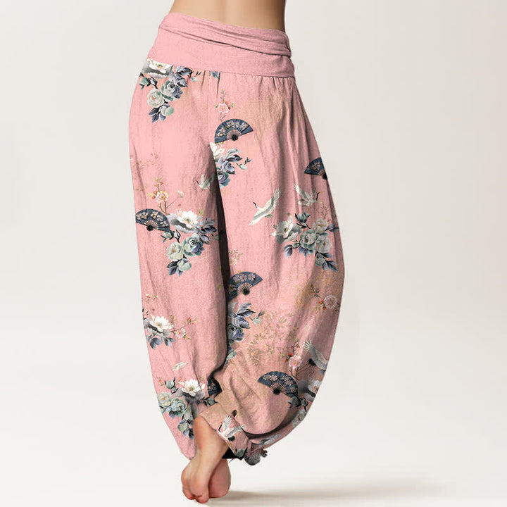 Buddha Stones Pantaloni harem da donna in cotone con fantasia floreale a ventaglio e elastico in vita. - image 6