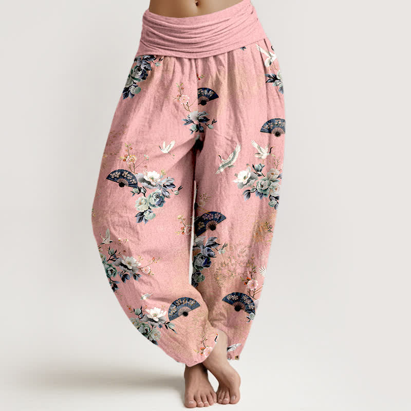 Buddha Stones Pantaloni harem da donna in cotone con fantasia floreale a ventaglio e elastico in vita. - Rosa - US16, UK/AU20, EU48 (3XL) - image 5