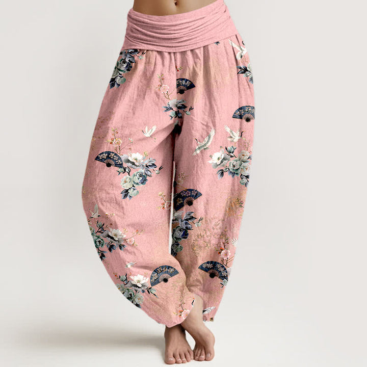 Buddha Stones Pantaloni harem da donna in cotone con fantasia floreale a ventaglio e elastico in vita. - Rosa - US16, UK/AU20, EU48 (3XL) - image 5