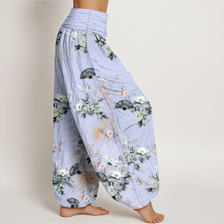 Buddha Stones Pantaloni harem da donna in cotone con fantasia floreale a ventaglio e elastico in vita. - image 10