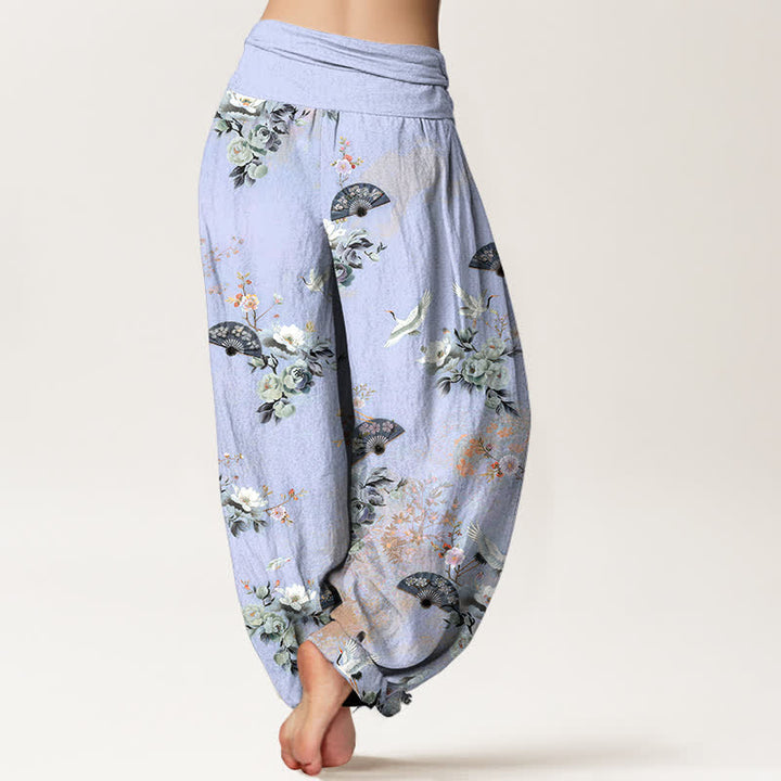 Buddha Stones Pantaloni harem da donna in cotone con fantasia floreale a ventaglio e elastico in vita. - image 9