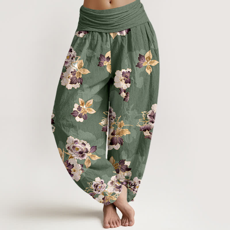 Buddha Stones Pantaloni harem da donna in puro cotone con fantasia floreale vintage e vita elasticizzata. - Verde oliva - US16, UK/AU20, EU48 (3XL) - image 0