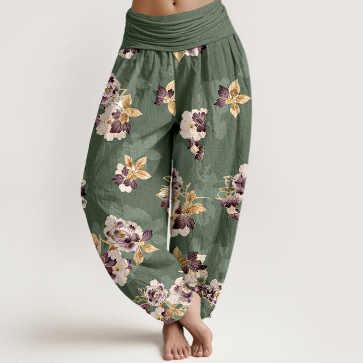 Buddha Stones Pantaloni harem da donna in puro cotone con fantasia floreale vintage e vita elasticizzata. - Verde oliva - US16, UK/AU20, EU48 (3XL) - image 0