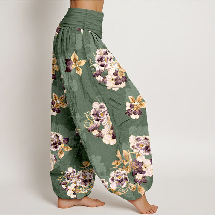 Buddha Stones Pantaloni harem da donna in puro cotone con fantasia floreale vintage e vita elasticizzata. - image 2