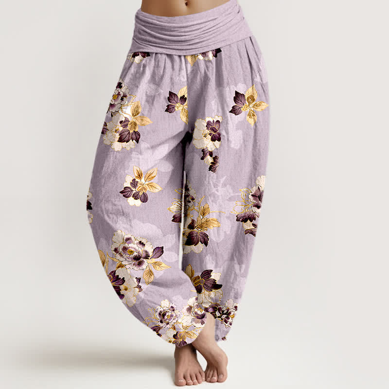 Buddha Stones Pantaloni harem da donna in puro cotone con fantasia floreale vintage e vita elasticizzata. - Lavanda - US16, UK/AU20, EU48 (3XL) - image 5