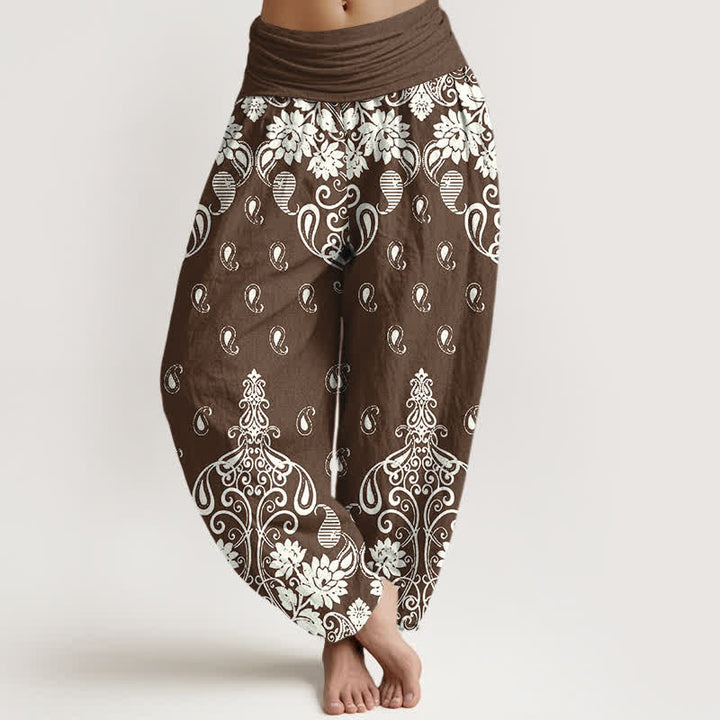 Buddha Stones Pantaloni harem da donna in puro cotone bianco con fantasia floreale paisley e vita elasticizzata. - Marrone sella - US16, UK/AU20, EU48 (3XL) - image 0