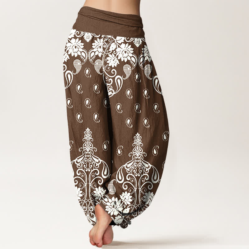 Buddha Stones Pantaloni harem da donna in puro cotone bianco con fantasia floreale paisley e vita elasticizzata. - image 1