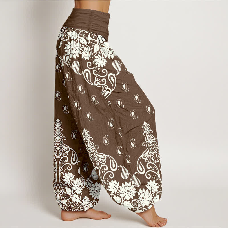 Buddha Stones Pantaloni harem da donna in puro cotone bianco con fantasia floreale paisley e vita elasticizzata. - image 2