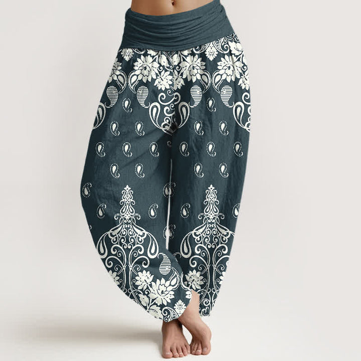 Buddha Stones Pantaloni harem da donna in puro cotone bianco con fantasia floreale paisley e vita elasticizzata. - Ciano scuro - US16, UK/AU20, EU48 (3XL) - image 5