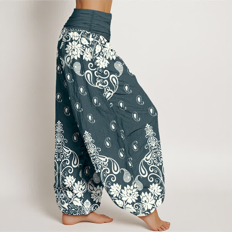 Buddha Stones Pantaloni harem da donna in puro cotone bianco con fantasia floreale paisley e vita elasticizzata. - image 7