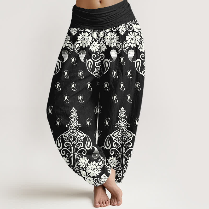 Buddha Stones Pantaloni harem da donna in puro cotone bianco con fantasia floreale paisley e vita elasticizzata. - Nero - US16, UK/AU20, EU48 (3XL) - image 8