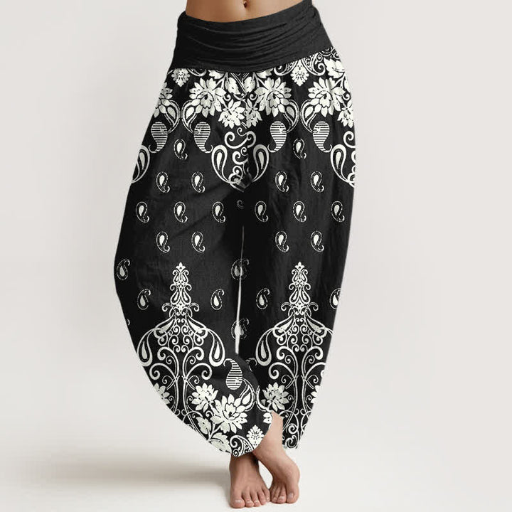 Buddha Stones Pantaloni harem da donna in puro cotone bianco con fantasia floreale paisley e vita elasticizzata. - Nero - US16, UK/AU20, EU48 (3XL) - image 8