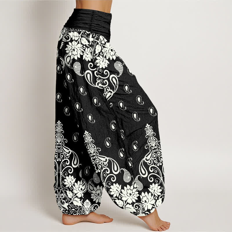 Buddha Stones Pantaloni harem da donna in puro cotone bianco con fantasia floreale paisley e vita elasticizzata. - image 10